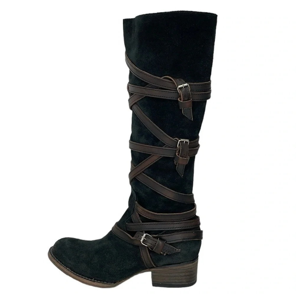 Freebird Boots Women's 6 Brown Suede Leather Buckle Garret Knee High Tall Shoes
